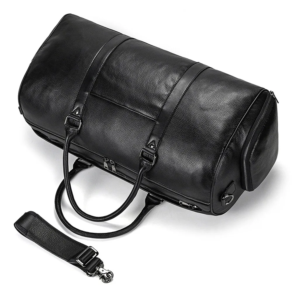 Bolso de viaje para hombre, maleta de cuero genuino negro, gran capacidad