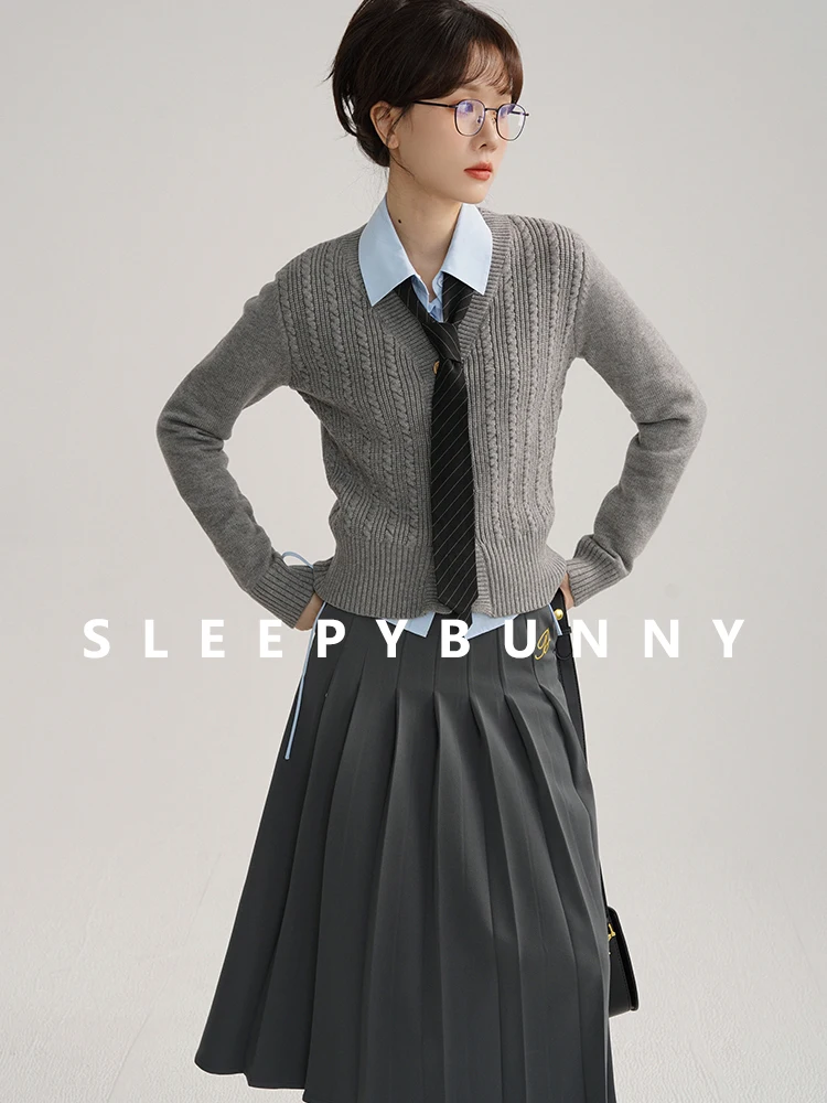 Vintage-Inspired Cable Knit Cardigan and Pleated Skirt Set – Chic Preppy Style with Drawstring Shirt and Embroidered Detailing