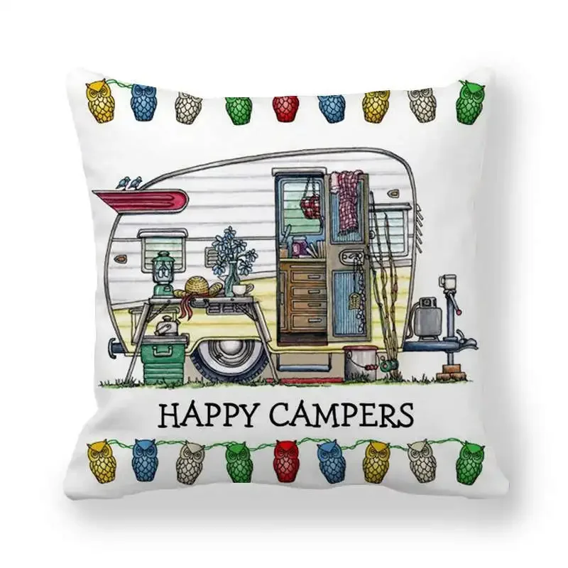 Happy Campers Car Cushion Cover Owl Outdoor Camping Car Throw Pillow Case For Sofa Decoration Pillow Case Cover Cushion Cover