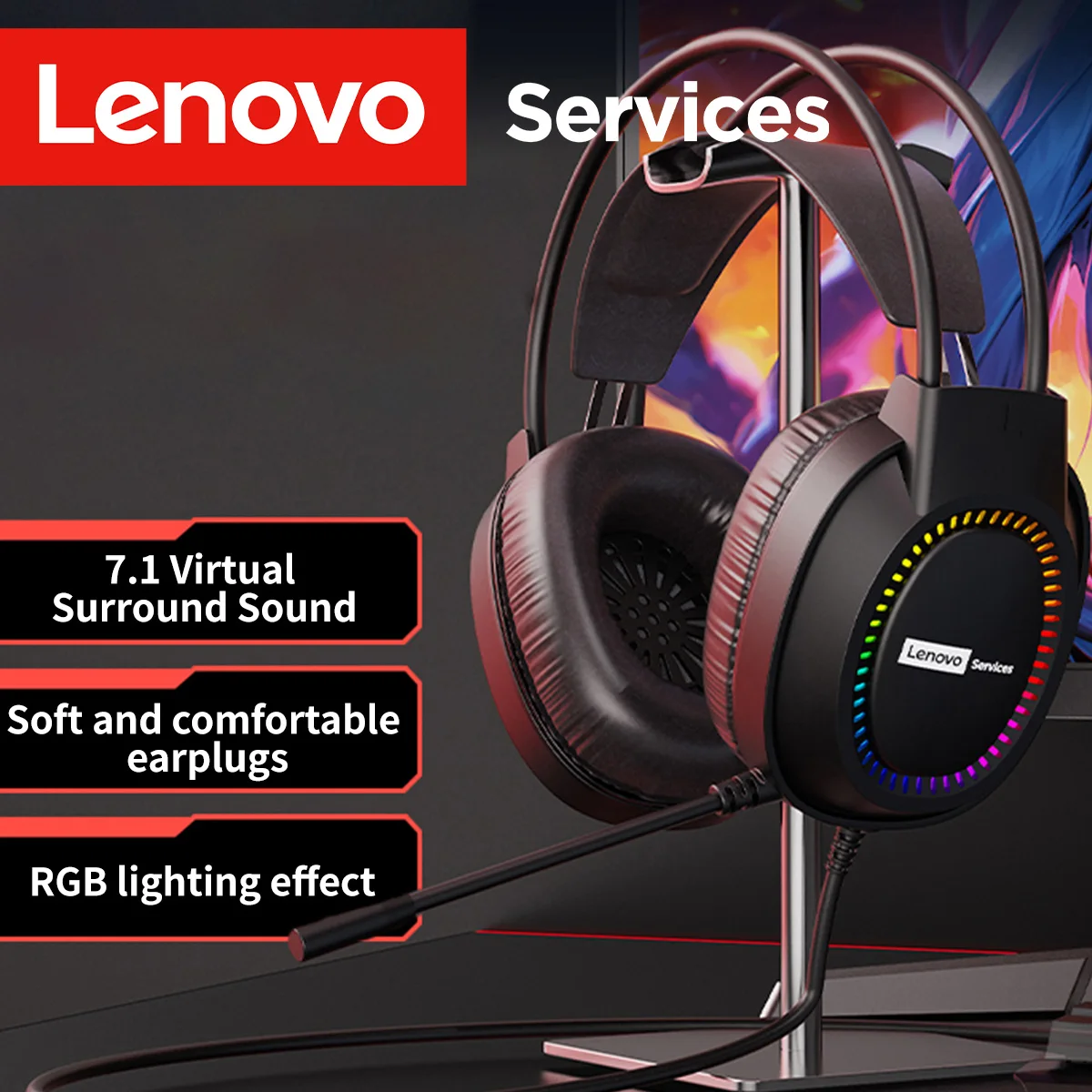 Lenovo Over-Ear Headphones with Microphone, Gaming Headphones with Rgb Lighting, Cool Lights, Suitable for Desktop Computers and Laptops, Comfortable, Sound-Isolating and Noise-Cancelling