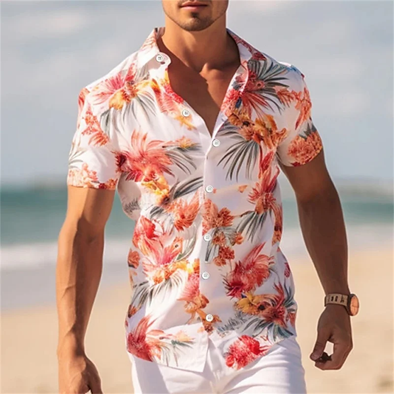 Camisa floral de lapela masculina de botão manga curta, camisa casual verão, presente férias de praia, tudo