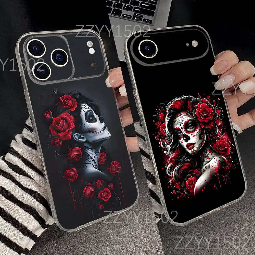 

Mexican Catrina Skull Girl For iPhone 17,16,15,14,13,12,11 Pro,Max,Plus,X,XS,XR,SE4,E Mini Transparent Soft Anti-Slip Grip