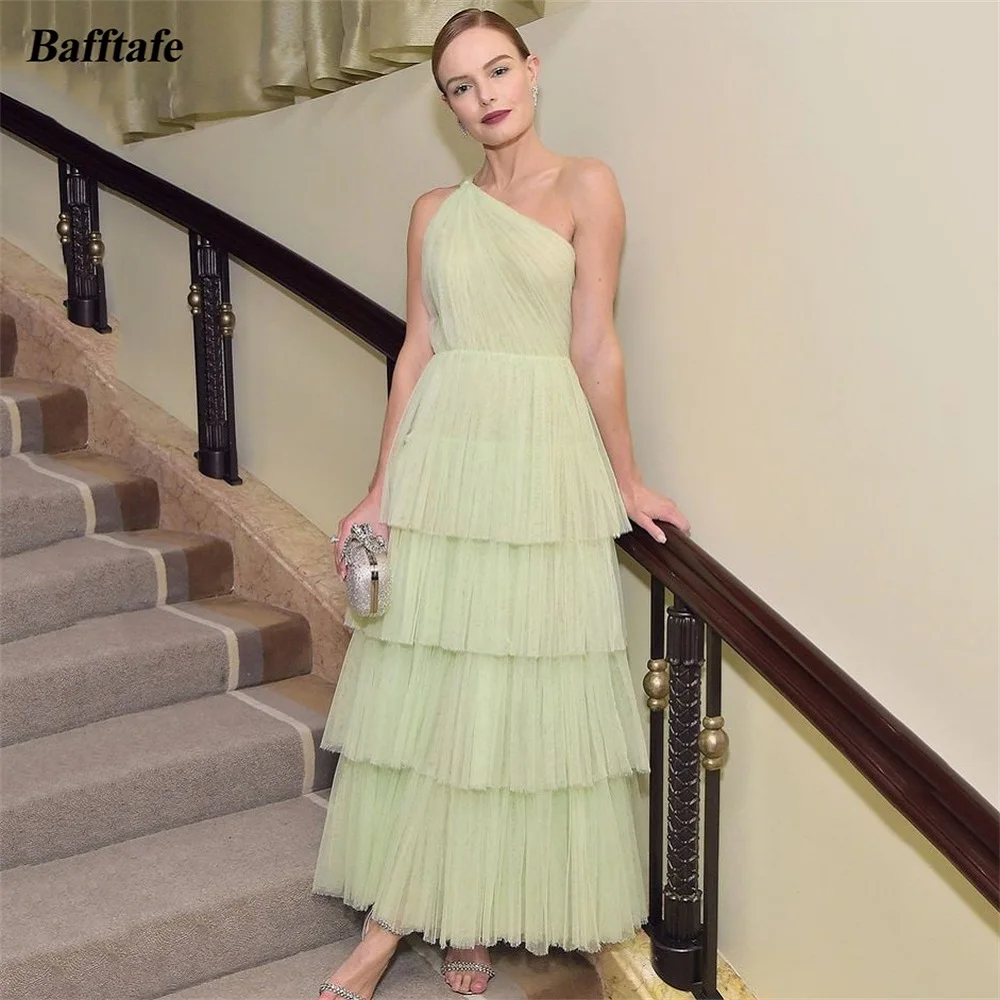 Bafftafe Tiered Skirt Tulle Midi Prom Dresses One Shoulder Customized Women Wedding Engagement Formal Party Dress Evening Gowns