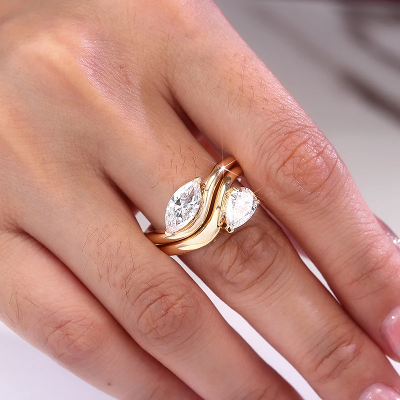 Provence Luxury Double curved ring Set Solid Gold IGI Lab Diamonds Bridal Set Wedding band with Stack Band Women Christmas Gifts
