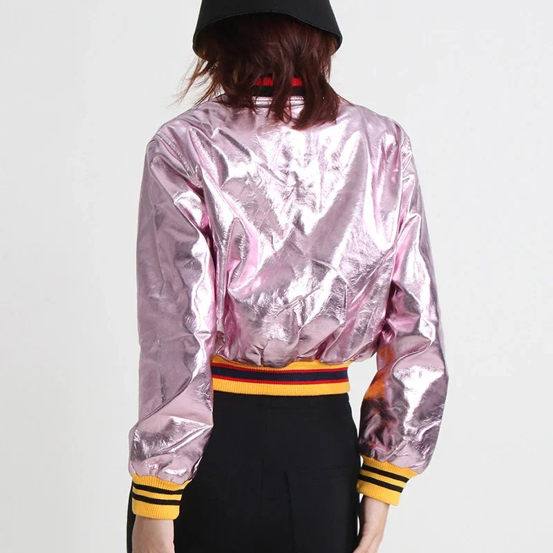 Streetwear Contrast Floral Embroidery Leather Jacket for Women 2024 New Spring Autumn Long Sleeved Cropped Bomber Jackets