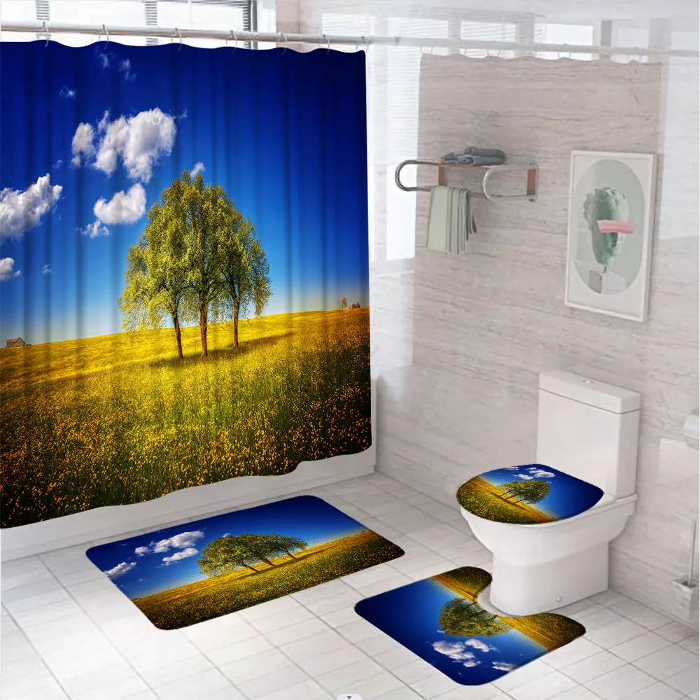 Natural Scenery Country Shower Curtain Set Non-Slip Rugs Toilet Lid Cover Bath Mat Blue Sky Tree Rustic Flower Bathroom Curtains