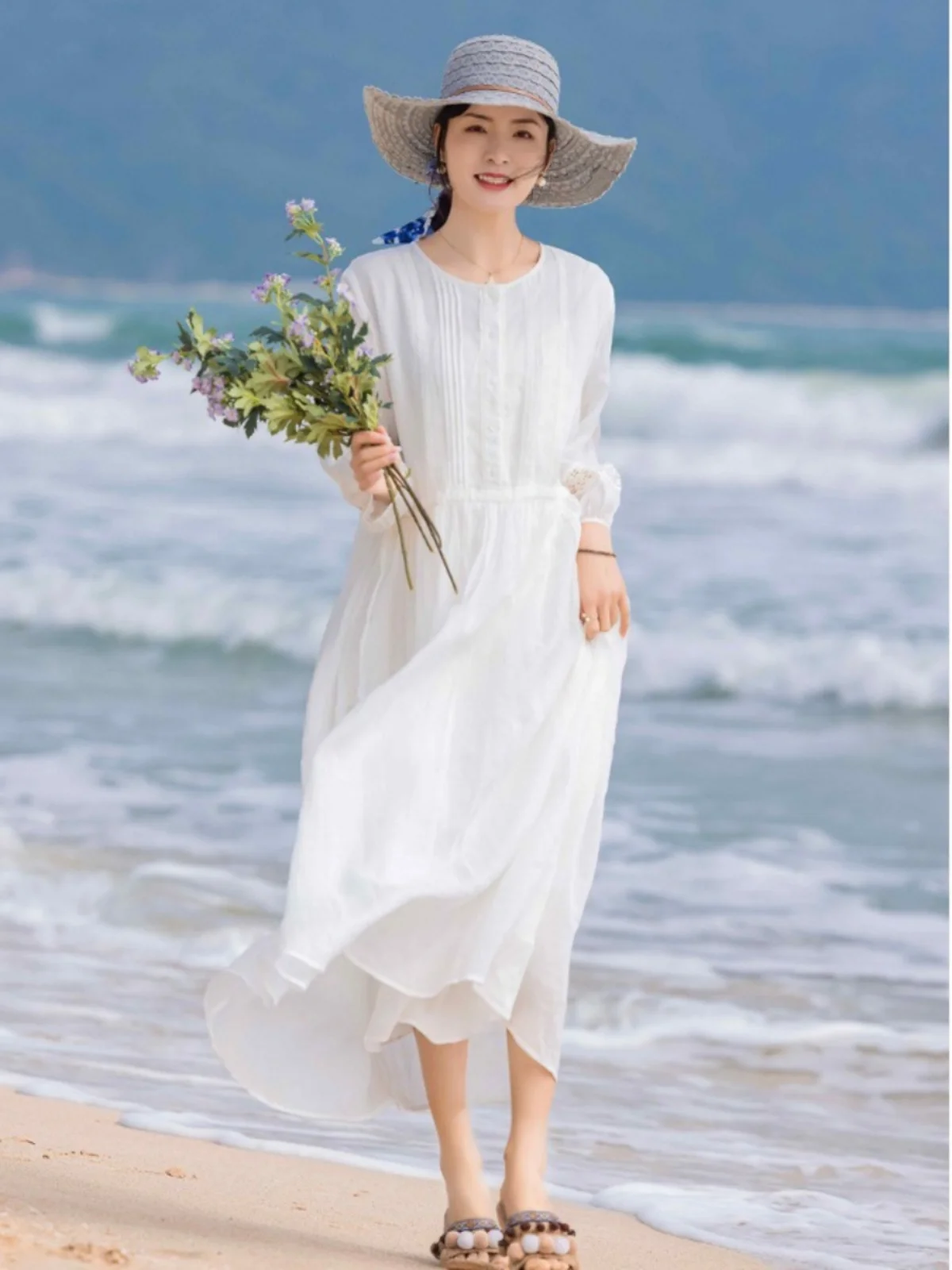 Branco algodão linho dupla camada solta verão dr feminino praia vaion floa saia longa praia dr ele sensação