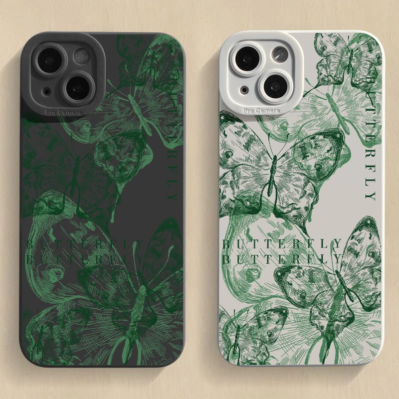 green butterfly Siliconefunny Phone Case For iPhone11 12 13 14 15Pro Max XS X XR 7 8 15 Plus SE 2020Camera Lens Protection Cover