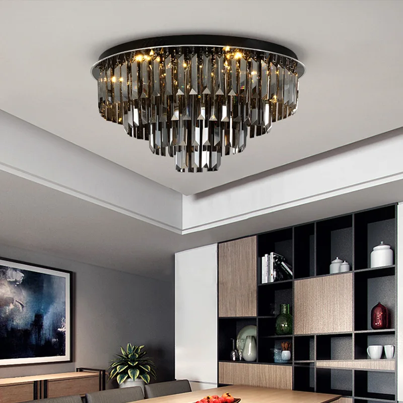 Smoky Gray Crystal Ceiling Lamp Bedroom Round Modern Multilayer Decorate Crystal Led Middle Ceiling Light