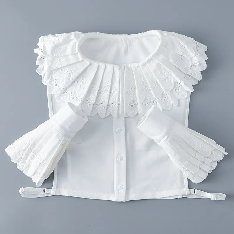 Big Lapel Crochet White Fake Collars+ Fake Cuff Sleeved for Woman Removable Shirt Collar White Detachable Collar for Girls