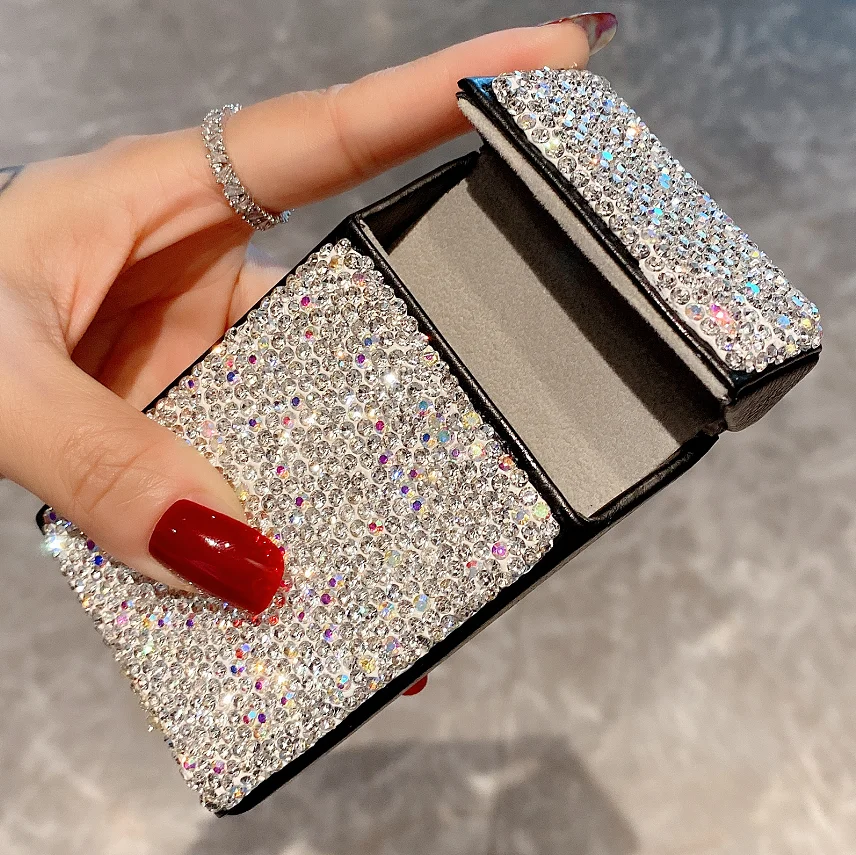 

Slim Diamond Holder Rhinestones Cigarette Case PU Leather Portable Flip Smoking Storage Box Thin Smoke Ladies Gift