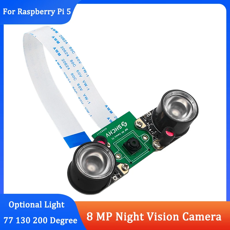 Raspberry Pi 5 Camera 8 MP Night Vision Adjustable Focus 77 130 200 Degree Optional Light for Raspberry Pi 5 RPi 5