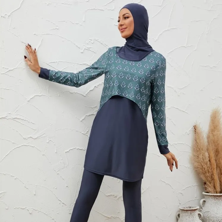 

Muslim Swimsuit Women 3 Piece Set Hijab Modest Dress High Waist Pants Swimming Suit Patchwork Print Full Coverage Swimwear 2026
