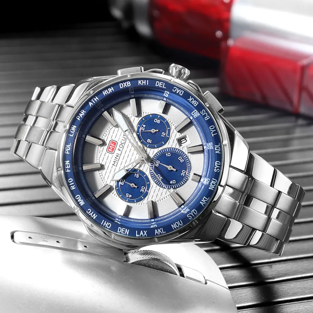 MINI FOCUS 0613 ساعة كوارتز رجالية عادية متعددة الوظائف مقاومة للماء كرونوغراف مضيئة يد حزام من الفولاذ المقاوم للصدأ تاريخ التقويم