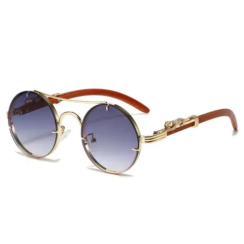Vintage Metal Round Sunglasses Men Luxury Gold Leopard Wooden Frame Stylish Outdoor Women Trendy Oval Shades Oculos de sol 2024