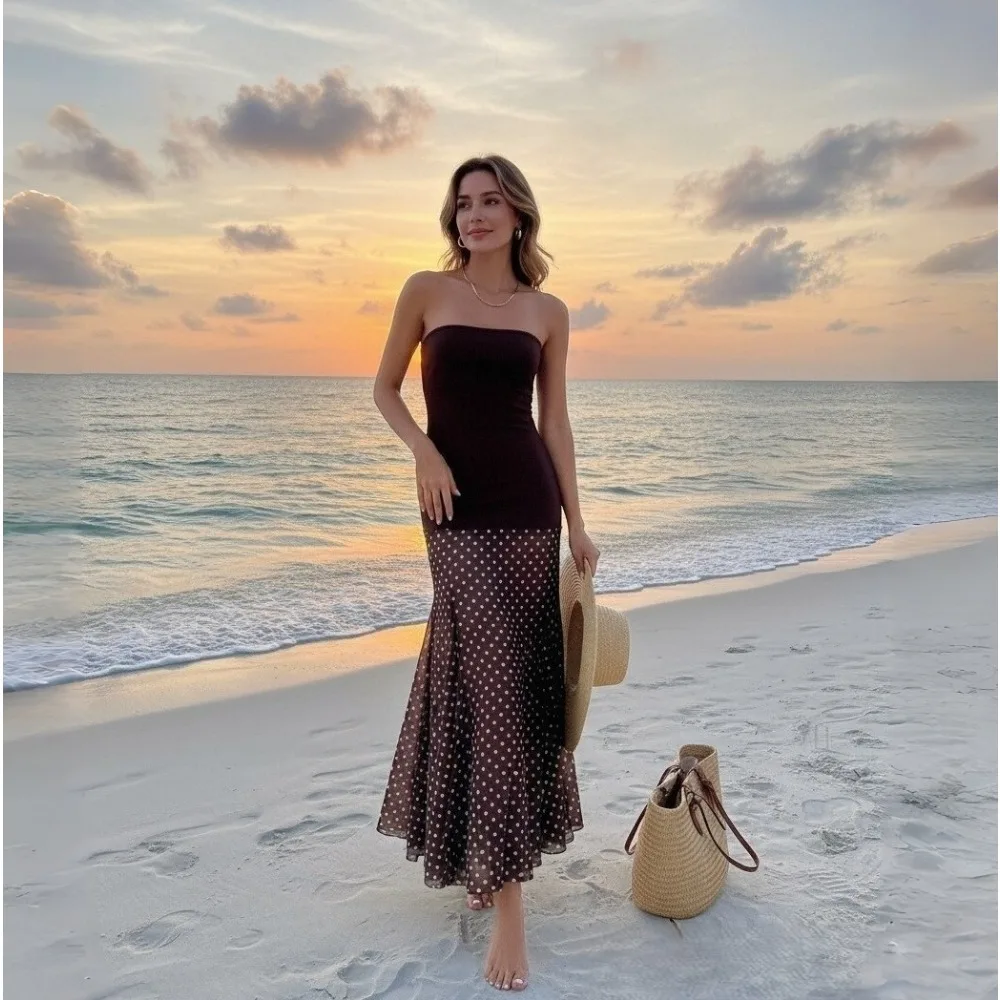 

Brown Polka Dot Slimming Evening Dress Strapless Backless Sheer Mesh Insert Maxi Skirt Sequin Atmosphere Long Party Club Gown