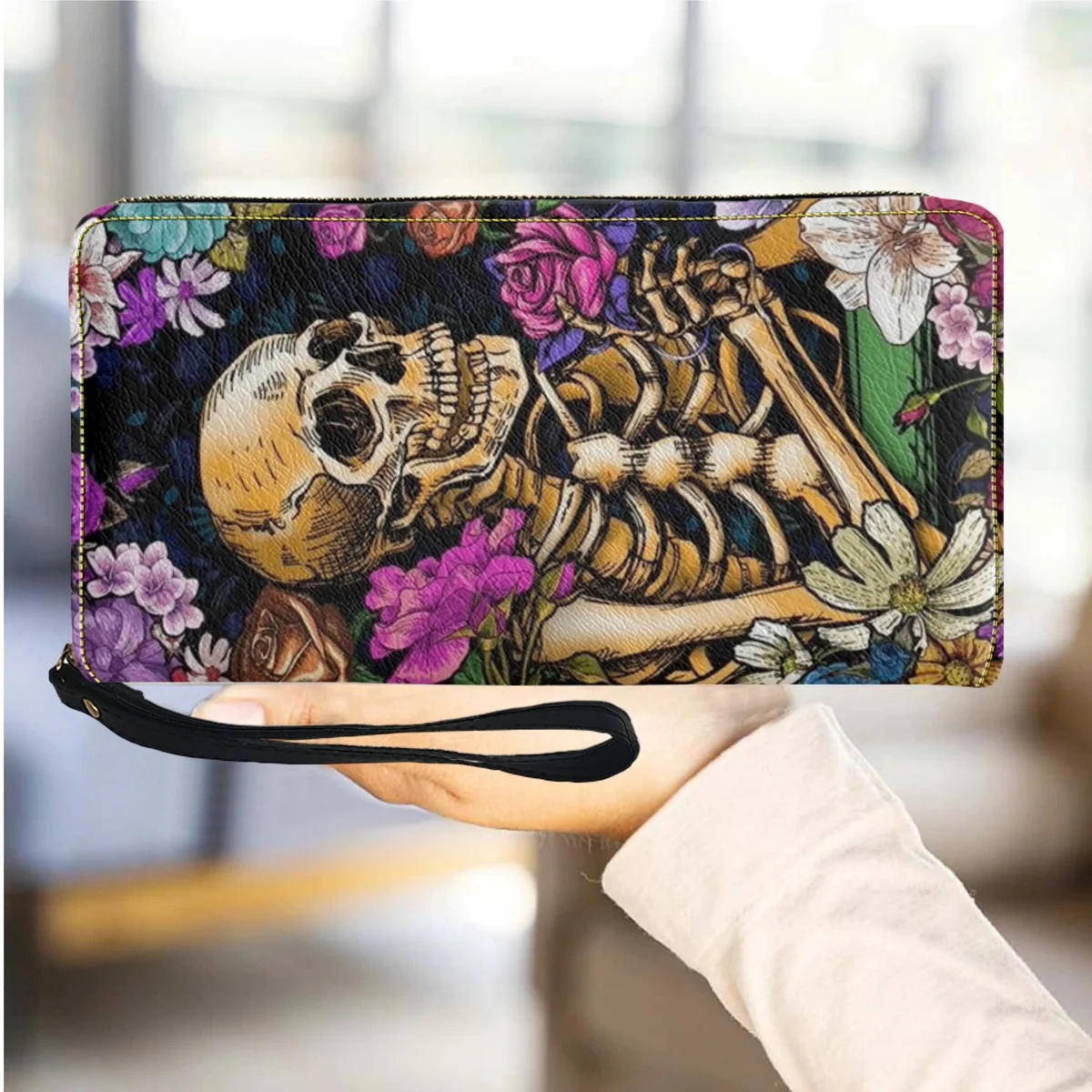 

Ladies Wallet Leather Skull Women's Wallets with Zipper Multifunction Cardholder Slim Travel Girls Wristlets Passport Holders