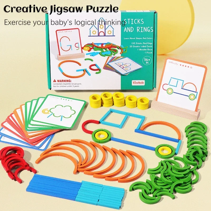 Giocattolo Montessori per bambini Bastoni e anelli creativi in legno Puzzle Gioco di intelligenza Giochi di pensiero logico Giocattoli educativi per bambini