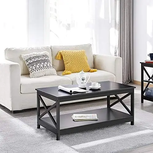 

Wood 2-Tier Black Coffee Table with for Living Room, X Design Accent Cocktail Table, Easy Assembly Home , 39.5 x 21.5 x 18 Inc