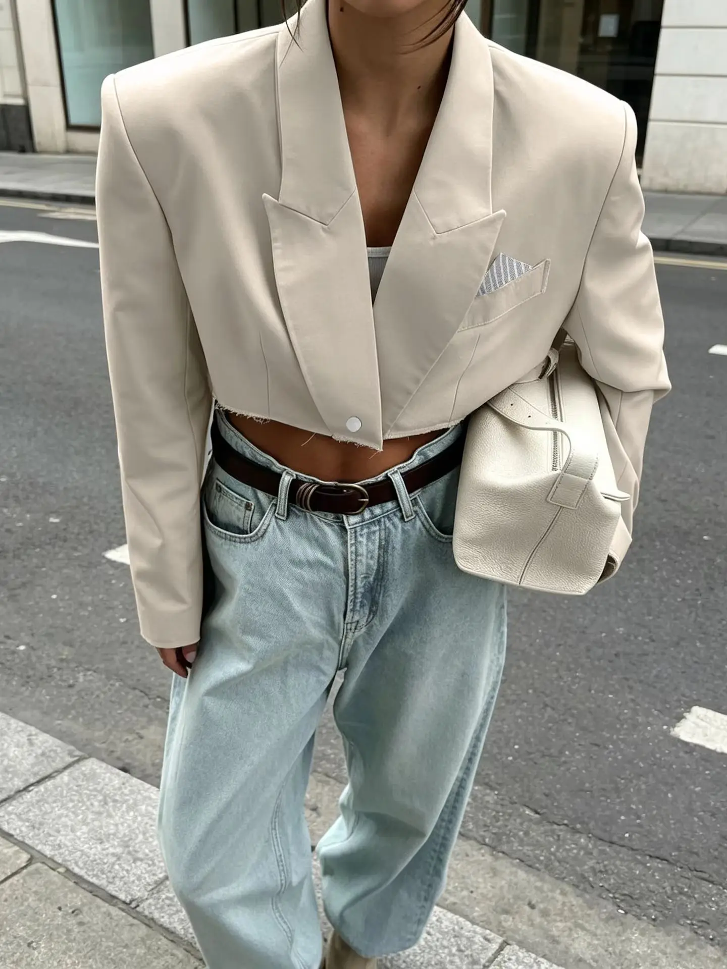 Women Cropped Blazer Chic Lapel Single Button Loose Raw Edge Hem Suit Jacket Office Lady Short Suit Jacket Streetwear Outerwea