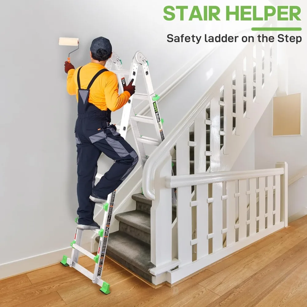 Ladder, Extension Ladders for Home Stairs 14 Ft, 4 Step Multi Position A Frame Ladder with Stabilizer Bar, Compact Folding