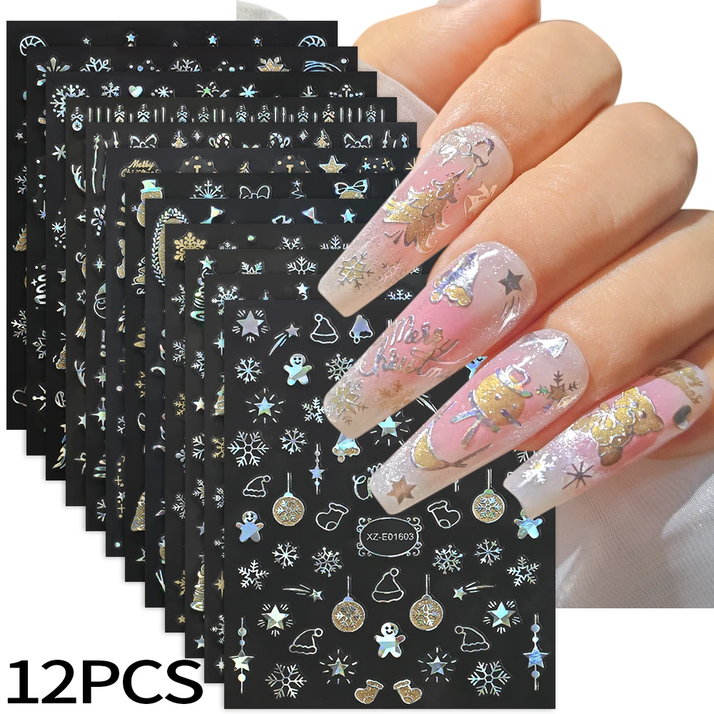 12Pcs 3D Weihnachten Nagel Aufkleber Reflektierende Glitter Weihnachten Baum Lebkuchen Schneeflocken Elch Klebe Aufkleber Neue Jahr Winter Slider