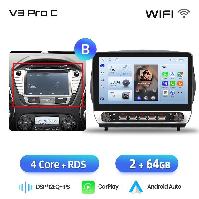 Junsun 10.1 "Knoppen Draadloze Carplay Android Auto Radio voor Hyundai Tucson 2 ix35 2009 2010-2015 Bluetooth GPS Navi 4G DSP - afbeelding 1