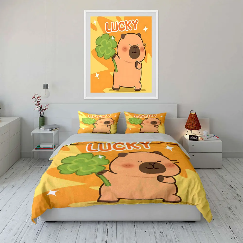 Lucky Capybara with clover cartoon Print Soft Comfortable Duvet Cover Bedding Set Included 1*Duvet Cover  2*Pillowcases