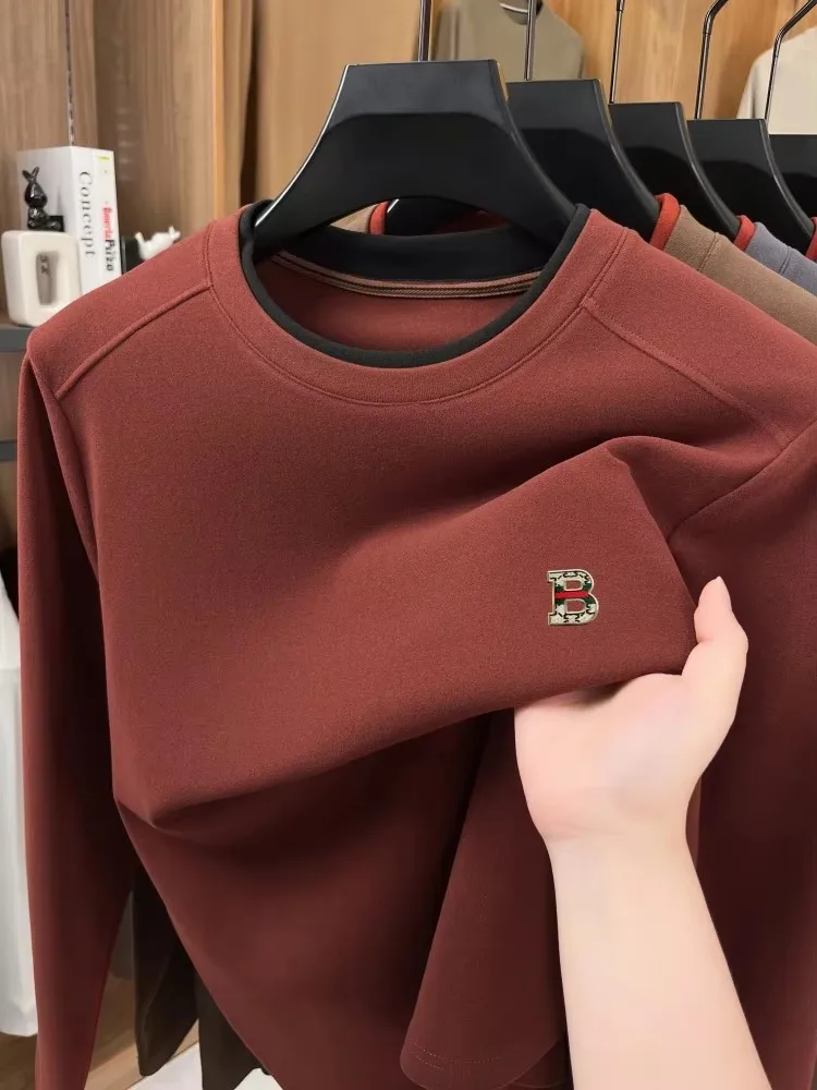 High quality velvet long sleeve T-shirt men autumn new double layered collar design fashion B letter embroidery casual pullover