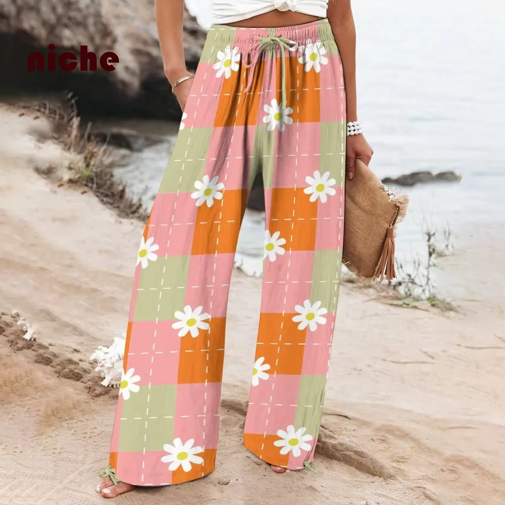 Pantalones de playa con estampado de margaritas para mujer, pantalón holgado informal de algodón puro, de pierna ancha, de alta calidad, de diseñador, a la moda, novedad