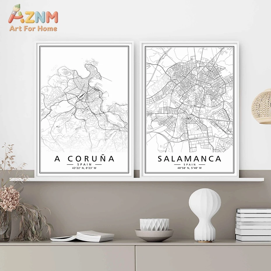 AZNM Spain City Map Canvas Wall Art, Black and White Minimalist Madrid Barcelona Print, Frameless Geographic Coordinates Line Ar