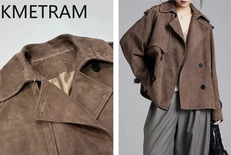 KMETRAM 100% 천연 양가죽 리버스 스웨이드 진짜 가죽 재킷 여성용 루즈핏 가을 신상 아우터웨어 2025 숏 코트