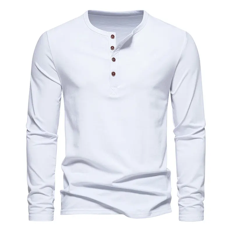 2023 Autumn Mens Fashion New Men Henry Neck Long Sleeve T-Shirt Men Fashion Casual Vintage T-Shirt Male Button Slim Washed Tees