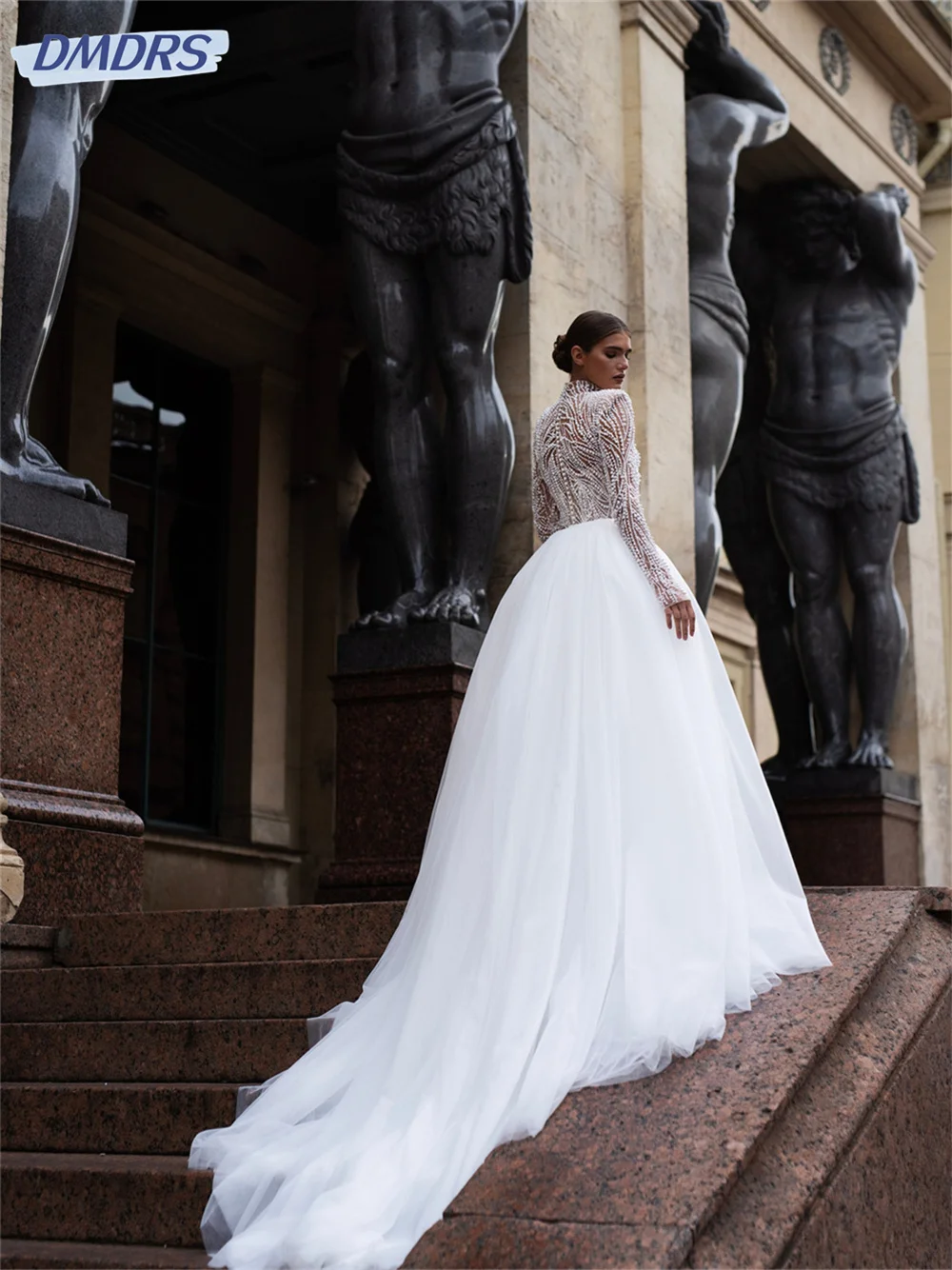 Luxe bruidsjurken met kralen 2025, elegante trouwjurk met lange mouwen, charmante vloerlengte jurk, op maat gemaakte vestidos de novia