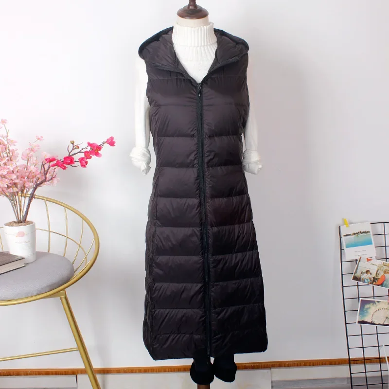 Women Ultralight Down Long Vest with Hood Casual Slim Waistcoat White Duck Down Gilet New Arrival 2024 LJ38