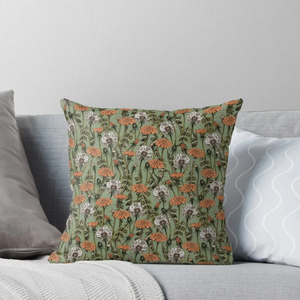 Sage green floral botanical design dandelion and orange flowers Throw Pillow Marble Cushion Cover pillow