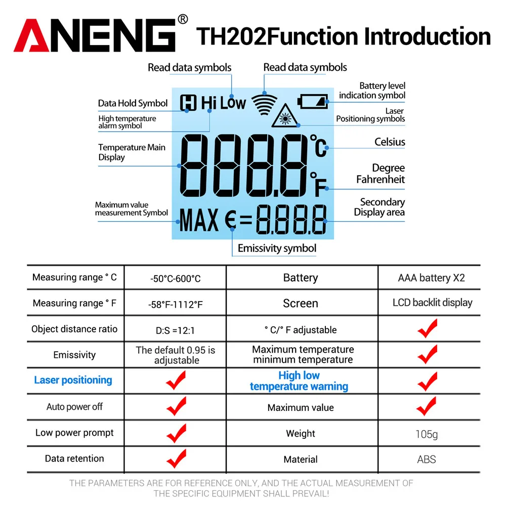ANENG TH203 Smart Industrial Infrared Thermometer -50~600℃ Temperature Gun VA Reverse Color Screen Tester Meter Pyrometer Tools