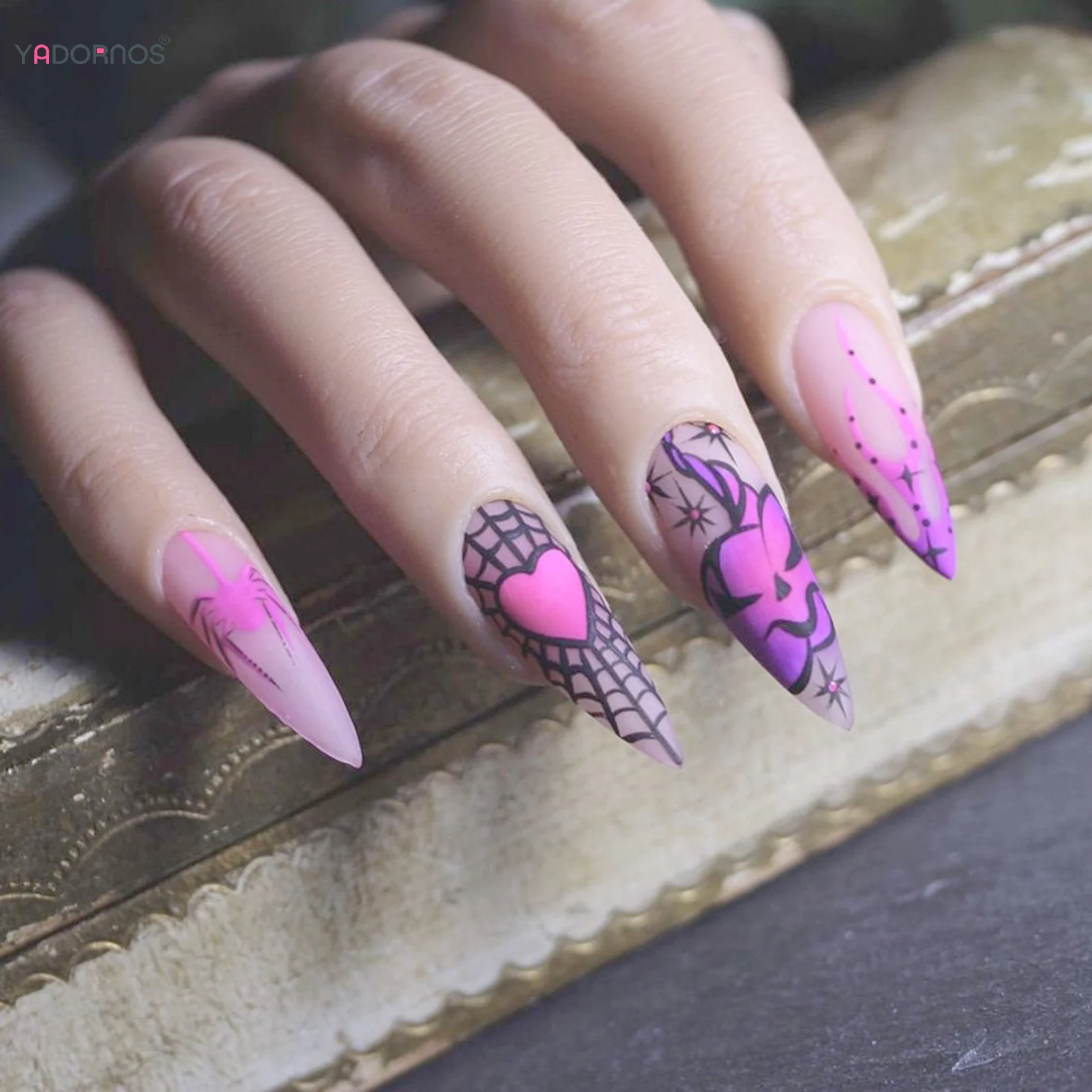 24pcs Long Stiletto Fake Nails Halloween Style Press On Nails Purple Love Heart Spider Web Printed False Nail Tips For Women