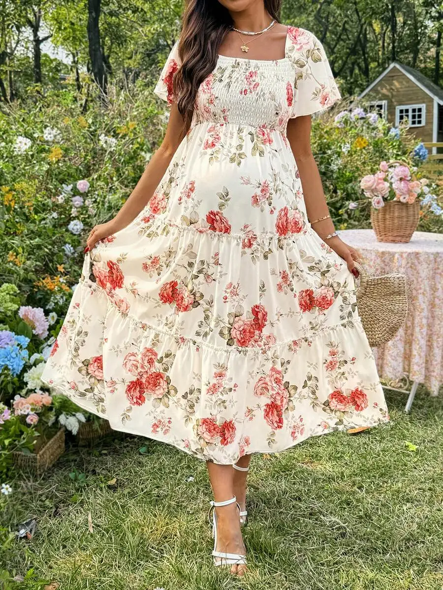 

Floral Print Off Shoulder Shirred Bodice Tiered Hem Dress Summer Garden Party Cottagecore Dress