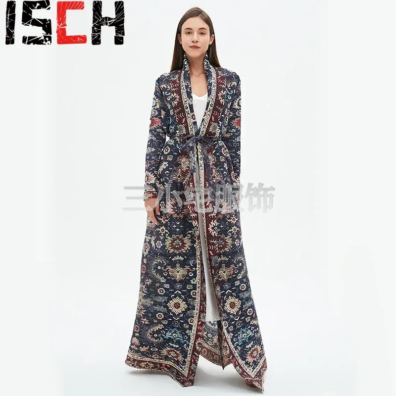 Pleats Pleated Long Sleeve Printed Dress Windbreak Women 2024 Winter New Original Designer Abayas Turndown Collar Belted Coats