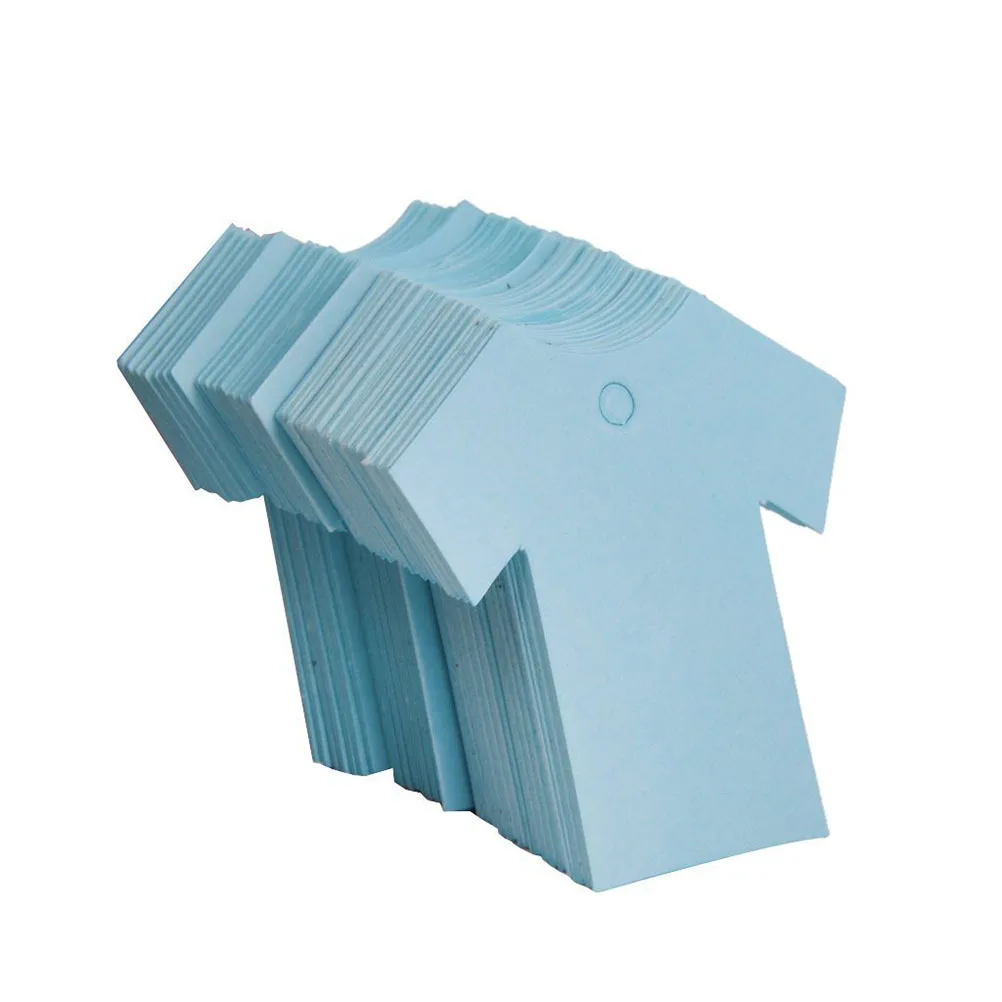 100Pcs Shower Party Favor Gift Tags Paper Cloth Shape Blue Blank Writable Clothing Price Cards Stickers Ribbon Scrapbooking