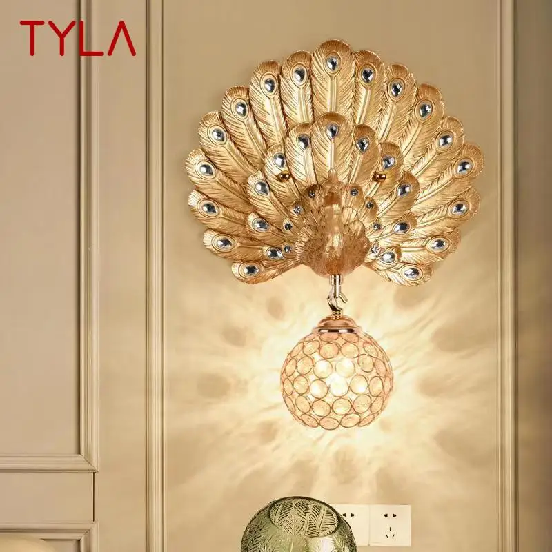 TYLA Contemporary Resin Peacock Wall Light LED Gold Creative Crystal Sconce Lamps For Home Living Room Bedroom Decor