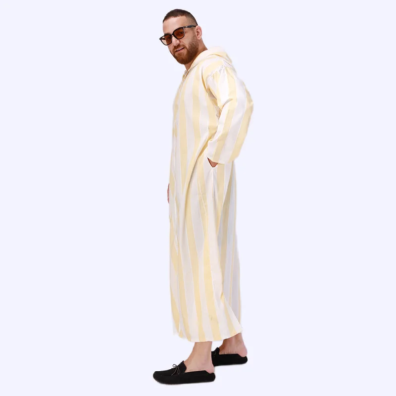 New Muslim Long Robe Men Arab Hoodie Muslim Pajamas Ethnic Costumes Gowns Men Robe Yellow Long Robe