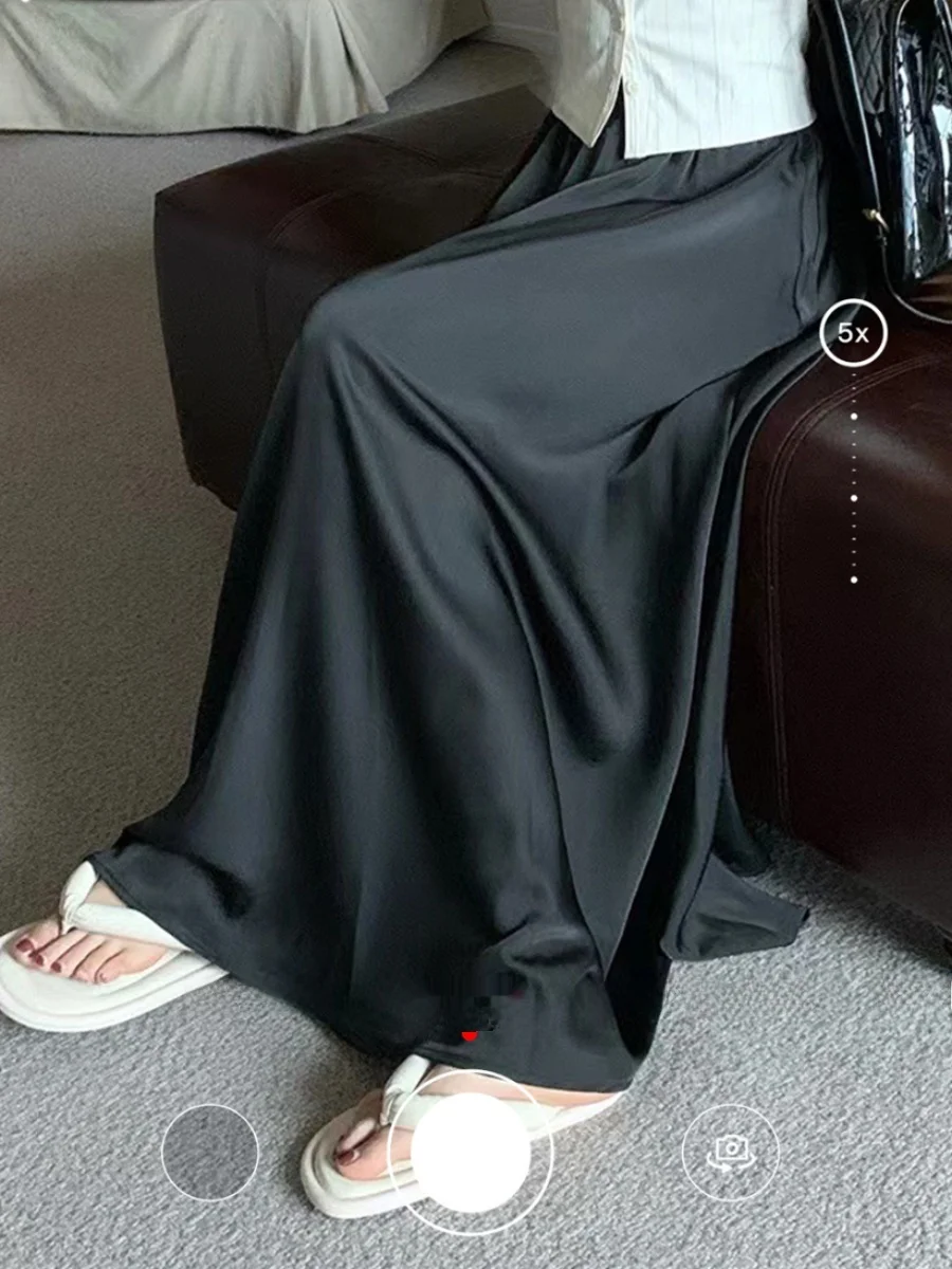 

Elegant Vacation Style Comfortable Breathable Oversized Satin A-Line Midi Skirt Versatile High Waist Long Skirt Pure Color