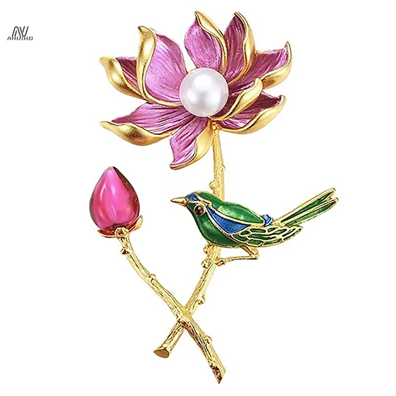 Exquisite Magpie Lotus Brooch For Women Coat Pins Badges Vintage Crystal Flower Corsage Bridal Dress Wedding Party Jewelry
