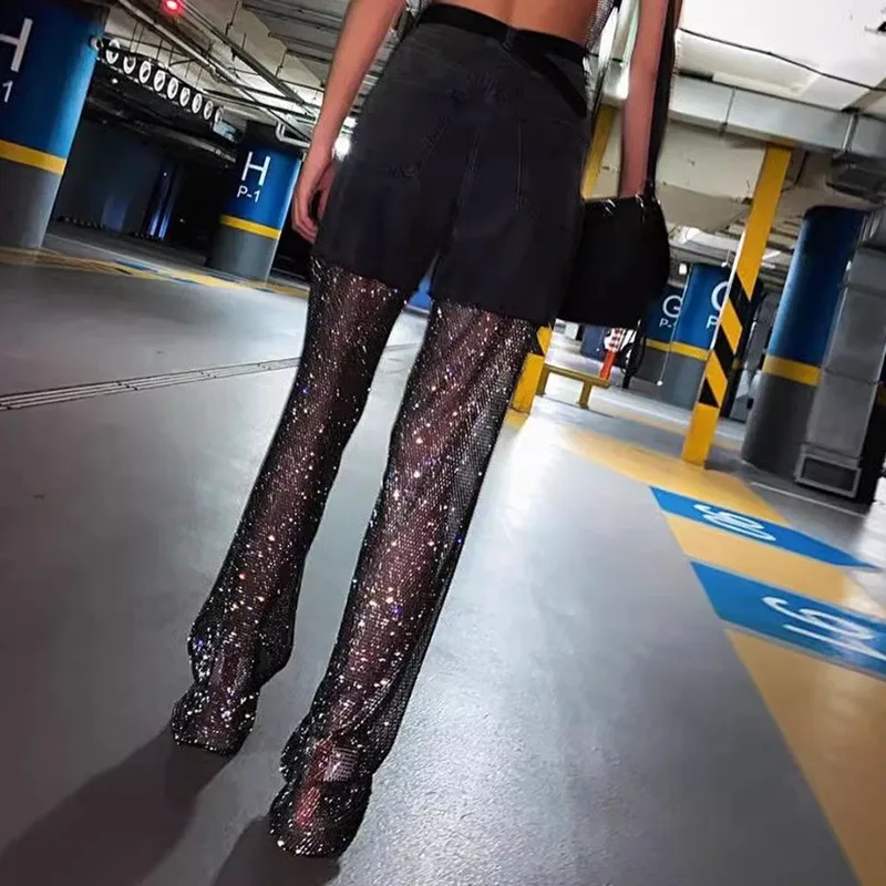 Diamond Women Pants Sexy Hollowed Out Tulle Jeans Straight Trousers Street Style Hot Girl Wear