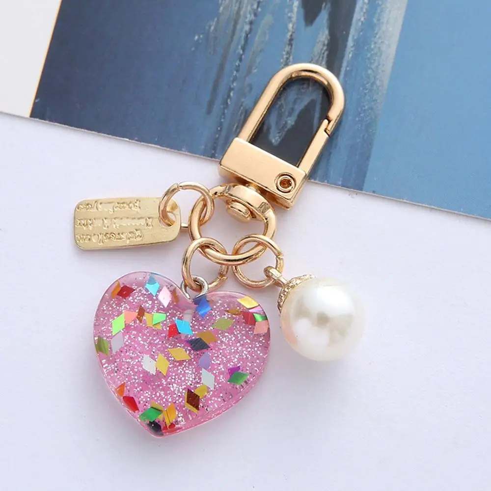 Bling Acrylic Heart Keychain With Colorful Sequin Car Keyring For Women Girls Earphone Purse Decoration Pendant Accessories