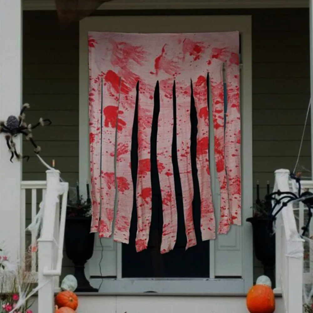 

Scary Theme Halloween Bloodstained Curtains Hanging Rectangular Halloween Doorway Curtains Simulation Blood Stained Bloody Gauze