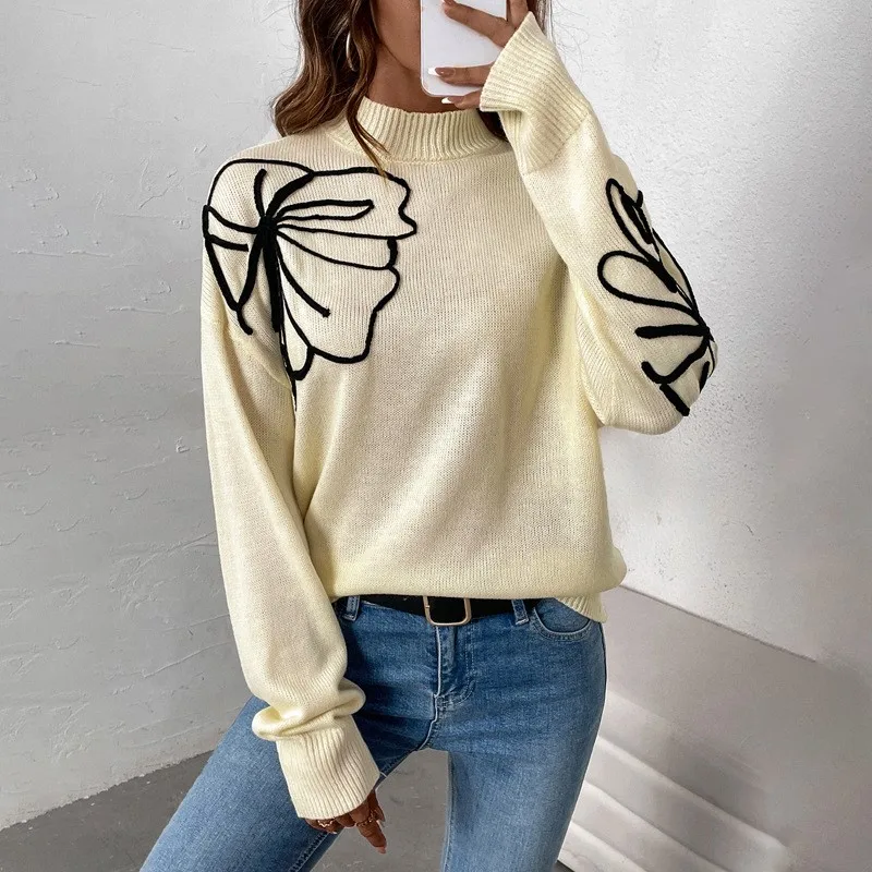 Elegant Apricot Women's Knitted Sweater Half High Collar Hoodie Flower Jacquard Long Sleeve Loose And Versatile Autumn New Item