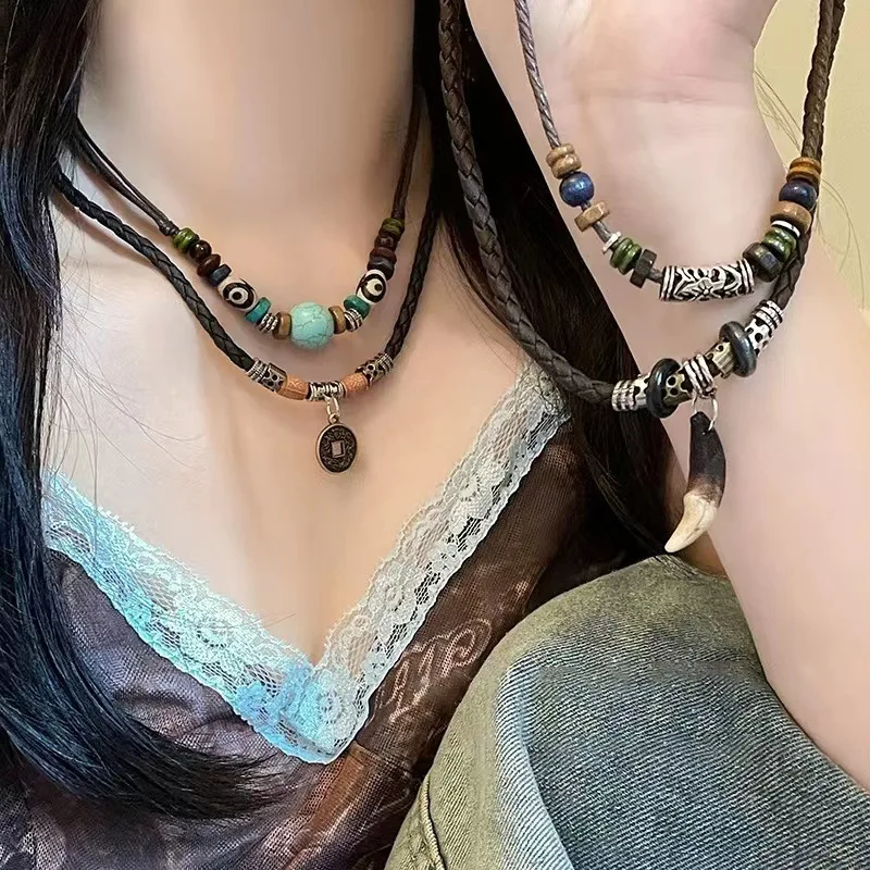 New Chinese Style Foreign  Retro Ethnic Style Stringing Beads  Leather Alloy Necklace Long-Length Drawstring Design Necklace